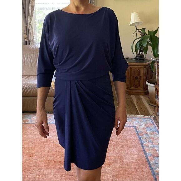 Max and Cleo Elegant Solid Navy Blue 3/4 Sleeve Ruched Faux Wrap Dress S - Picture 8 of 8